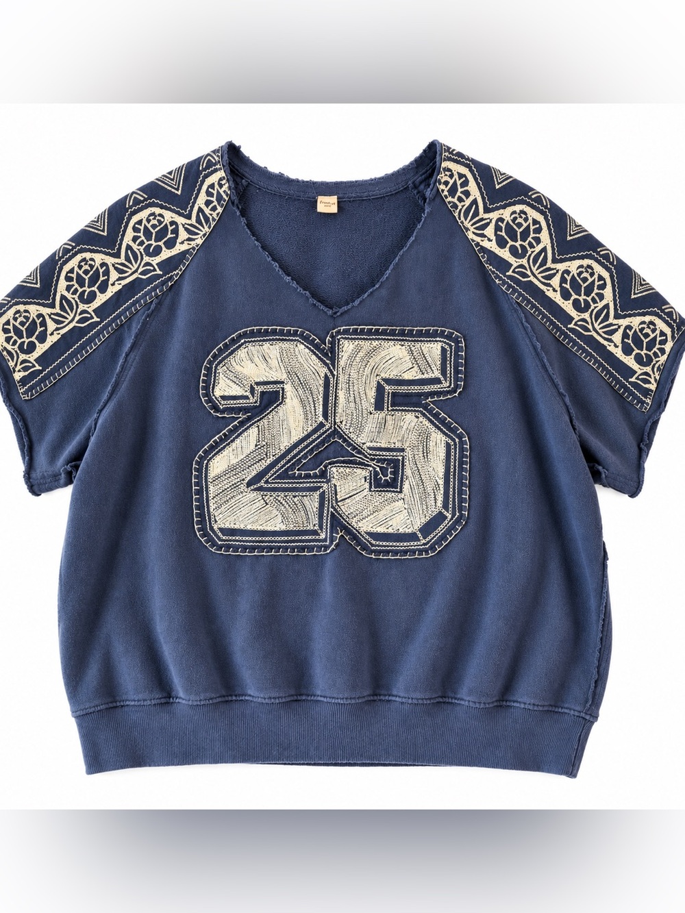 Free People Navy Embroidered 25 Varsity Short Sleeve Sweatshirt Top